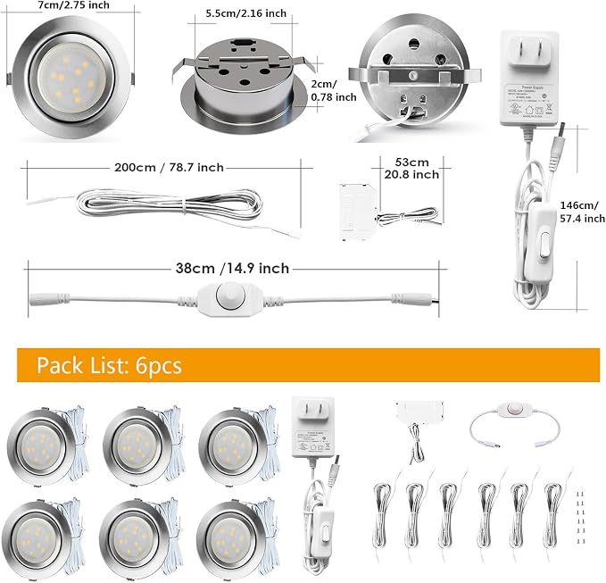 LED Puck Lights Wired Under Cabinet Lighting Dimmable,Recessed Mount,2.5In Hole Halogen Bulb Equiv,12V Under Counter Light Fixture Plug in for Kitchen,Display Shelf,Curio,4000K Daylight White,6pcs