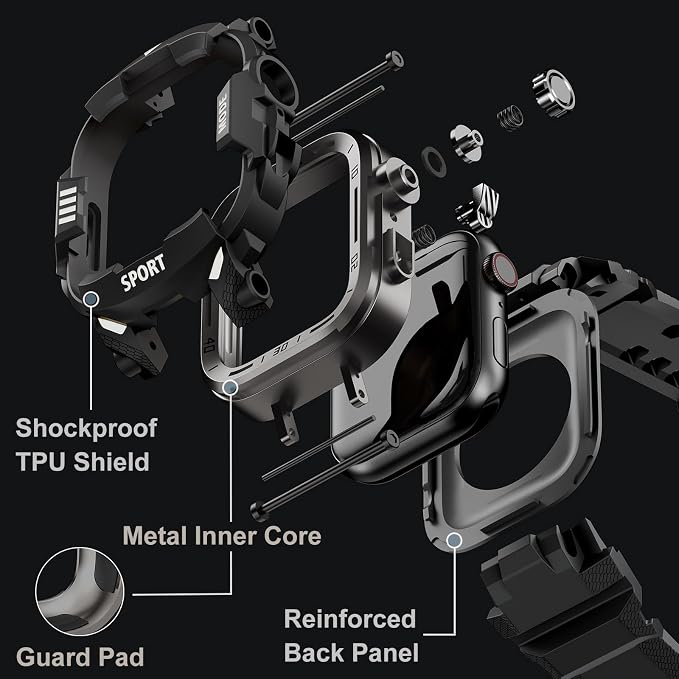 DABAOZA Rugged Case with Band Compatible with Apple Watch 45mm, for iWatch Series 9/8/7,Military Grade Shockproof Bumper and Men's Tactical Heavy Duty Strap(Black/Black,45MM)
