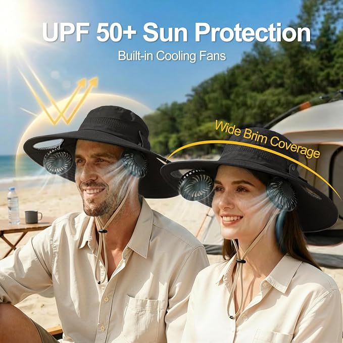 Sun Hat with Fan for Men & Women, Bucket Hat with Fan, UPF 50+ Cooling Hat with Sunblock Sleeves for Fishing,Hiking