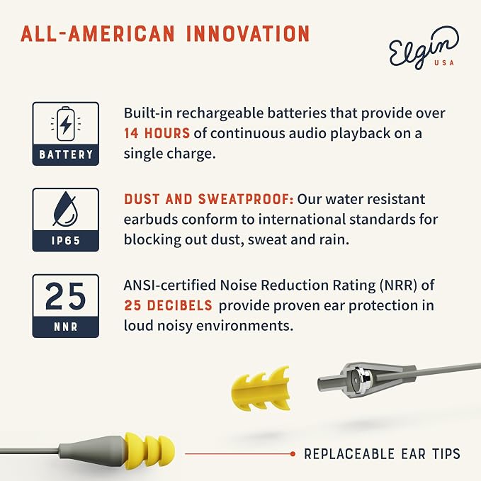 Elgin Discord Gen 2 Bluetooth Earplug Earbuds, OSHA Compliant Noise-Isolating Safety Wireless Headphones, All-Weather Earphones for Industrial Work, and High-Noise Environments