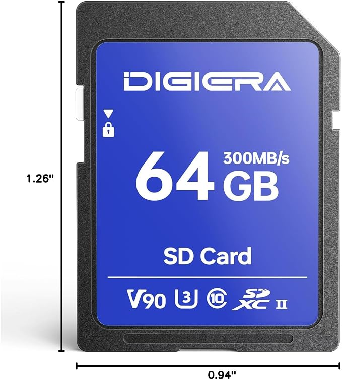 DIGIERA 64GB LSU200 SDXC UHS-II Memory Card - up to 300MB/s, C10, U3, V90, 8K, SD Card for Computers, Digital Cameras, Home Theatre Devices, Car Navigation Systems (1 Pack)