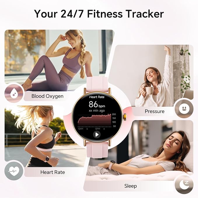 Gydom 1.27” Smart Watch for Women Men Compatible iPhone & Android (Answer/Make Call), Activity Fitness Tracker with 101+ Sports Modes, Heart Rate/SpO2/Stress/Sleep/Period Monitor, 2 Bands, IP68, Pink