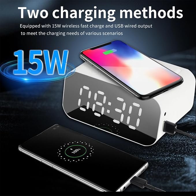 Wireless Charging Clock Radio with 15W Fast Charging, Bluetooth 5.1 Speaker, Dual 5W Stereo Sound, LED Display, AUX-in, and Payment Notification for Home & Office, BT510 Black