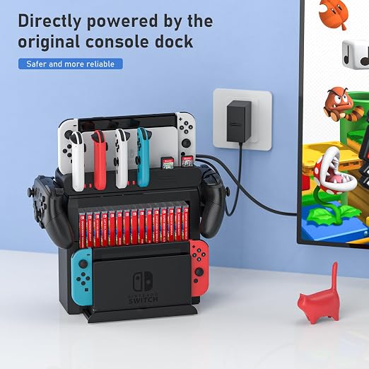 Switch Game Storage with Controller Charger for Nintendo Switch & OLED Model, Switch Charging Dock Charges 6 Joycons, Switch Gaming Accessories Holder for Desk, Switch Game Gift Card Organizer (Black)