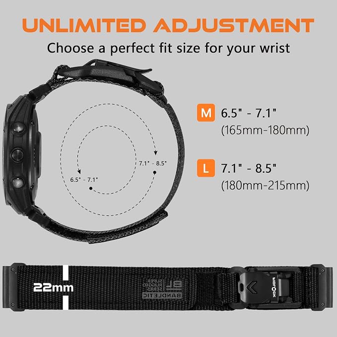 Bandletic Compatible with Garmin Fenix 5 6 7 Watch Band - 22mm Easy-Fit Rugged Nylon Strap with Magnetic Fidlock V-Buckle for Fenix 8 47mm/7 6 Pro/5 Plus/Forerunner 965/945/Approach S62/Instinct 3 2