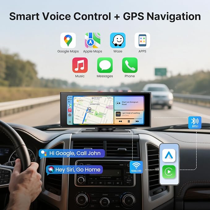 WonVon Wireless Car Play Screen, 10.26'' Monitor with Apple Carplay & Android Auto, 4K Dash Cam 64G, 1080P Backup Camera, Portable Smart Touch Tablet Stereo Multimedia Dashboard, Bluetooth/FM/GPS/AUX