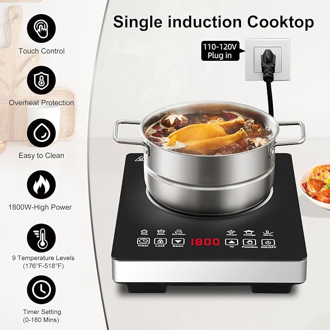 Single Burner Induction Cooktop,Hot Plate with 6 Cooking Modes, portable cooktop with LCD touch control,9 Levels &3H Timer,1800W 110V Portable induction Cooktop