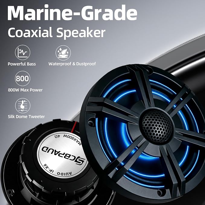 6.5" 800W Marine Speakers, IP66 Waterproof Boat Stereo Speakers with LED Lights, 2-Way Coaxial Audio, Y35 Woofer, for Marine/ATV/Motorcycle/Golf Cart/Motorhome/Powersports/Patio/Poolside/Deck/Home