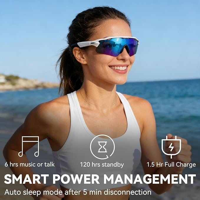 Bluetooth Smart Sunglasses for Men Women, Open-Ear Speaker Glasses with Touch Control, UV400 Polarized Lens, 5-6H Playtime for Outdoor Sports,White and Blue