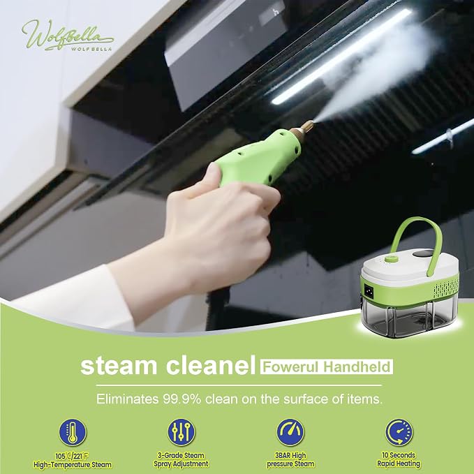 Steam Cleaner, 15s Heat-Up,1.4L Tank,Steamer for Cleaning with 14-Piece Accessories, 3 Steam Levels, chemical-free Cleaning Tile, Grout, Dirt, Grease & Car (white＆green)