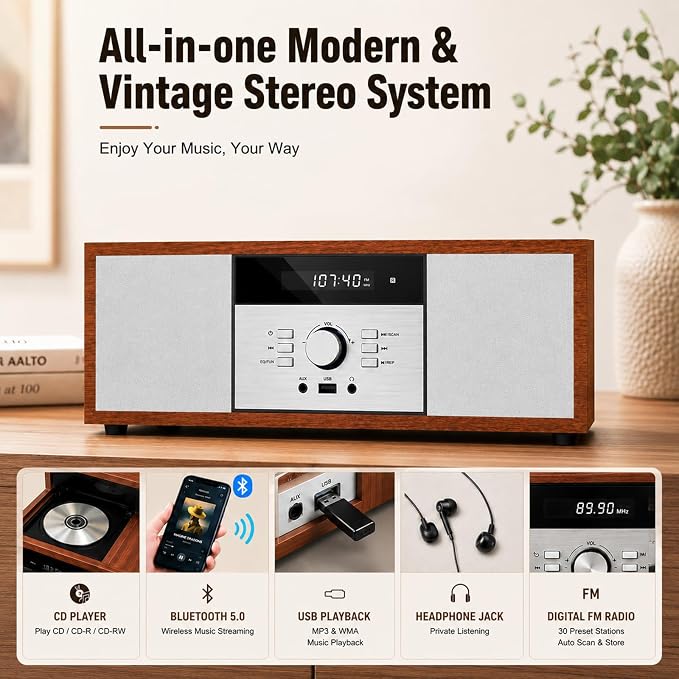 Nostalgic Bluetooth Stereo System for Home, WISCENT Vintage Micro HiFi Systems CD Player,with Bluetooth Audio Streaming,FM Radio,USB Port,Aux-in,Earphone Port (Brown)