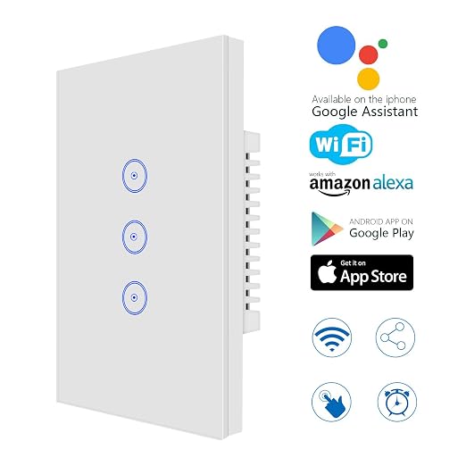 Jinvoo WiFi Wall Light Touch Panel Switch, 2 Way, Remote Control by Smart Phone,No Hub Required, AC 120V, Compatible with Free app Smart Life Works with Amazon Echo, Google Home, White ETL Listed