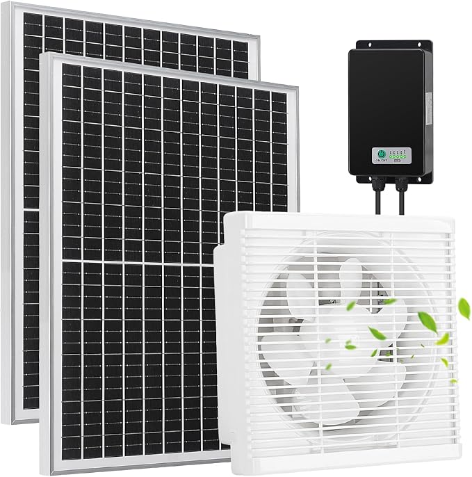 Fanspex Solar Exhaust Fan, Solar Powered Vent Fan Kit for Outside Greenhouse Shed Chicken Coop (10" Fan with Battery)