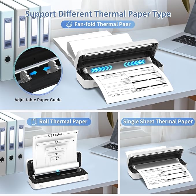 Gloryang Inkless Portable Printer for Travel, Wireless Thermal Printer Supports 8.5 x 11 Inch US Letter Size, Bluetooth Machine Includes Carry Case and 3 Rolls of Thermal Paper Kit, White
