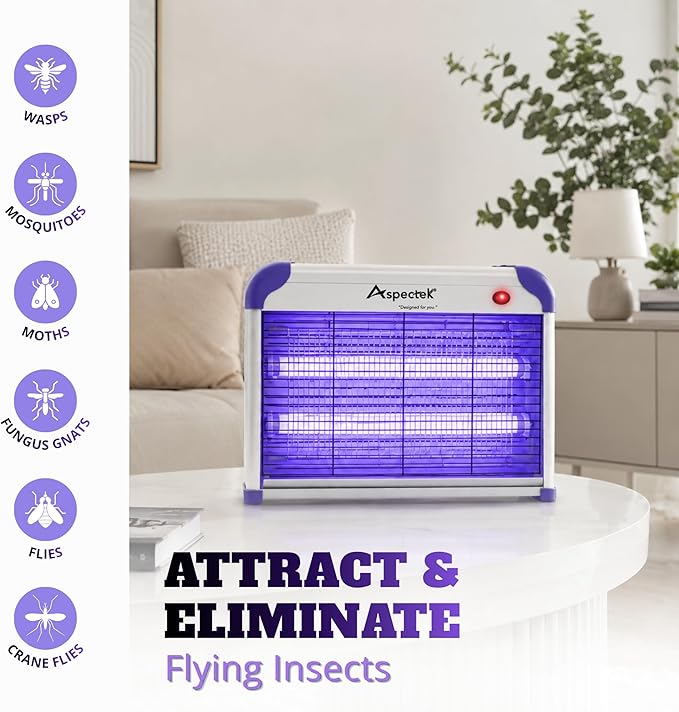 ASPECTEK 20W Heavy Duty Bug Zapper, High-Voltage Electric Mosquito and Fly Killer, Indoor and Covered Outdoor Gnat Control for Bedroom, Patio and Greenhouse, Includes 2 UV Bulbs - Purple