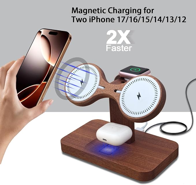 3 in 1 Wireless Charging Station for Apple Devices 24W Dual Phone Charging Station for 2 iPhone 17 16 15 14 13 12 Series iWatch 11 10 9 8 7 6 5 4 AirPod Magnetic Wireless Phone Charger Stand
