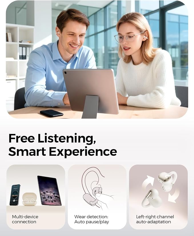 SoundPEATS Clip1 Ultra Comfort Open Ear Clip-On Earbuds, Featherlight for All-Day Wear with Glasses, 40H Playtime, Crystal Clear Calls, Fast Charging, IPX5, Bluetooth 5.4 for Office Home