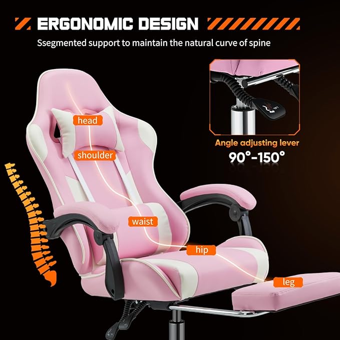 Heavy Duty Gaming Chair, Ergonomic Gamer Chair for Home Office with Footrest, Lumbar Support, Adjustable Backrest, Stable 360° Swivel Wheels for Adults, Professional Gamers and Teens, Pink