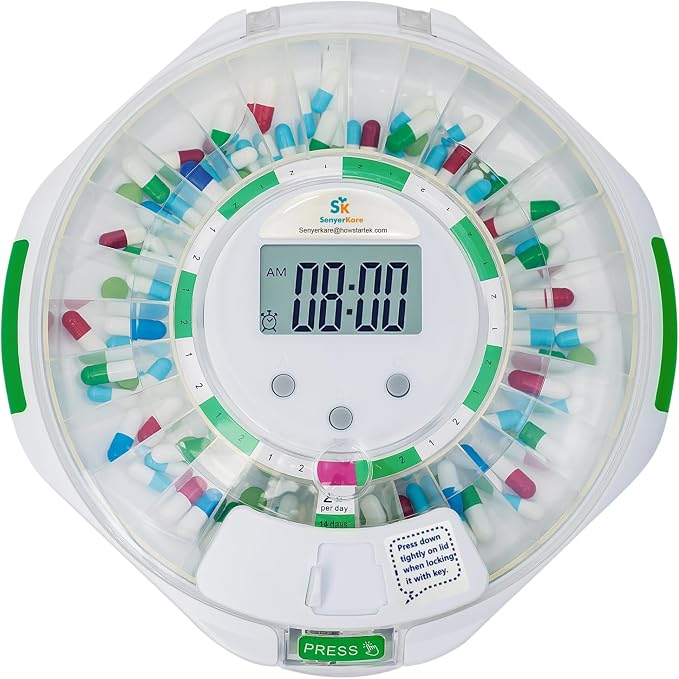 Automatic Pill Dispenser with Lock for Caregivers | 28-Day Medication Organizer for Seniors | 6 Daily Alarms & Flashing Light Reminder - No App or WiFi Needed