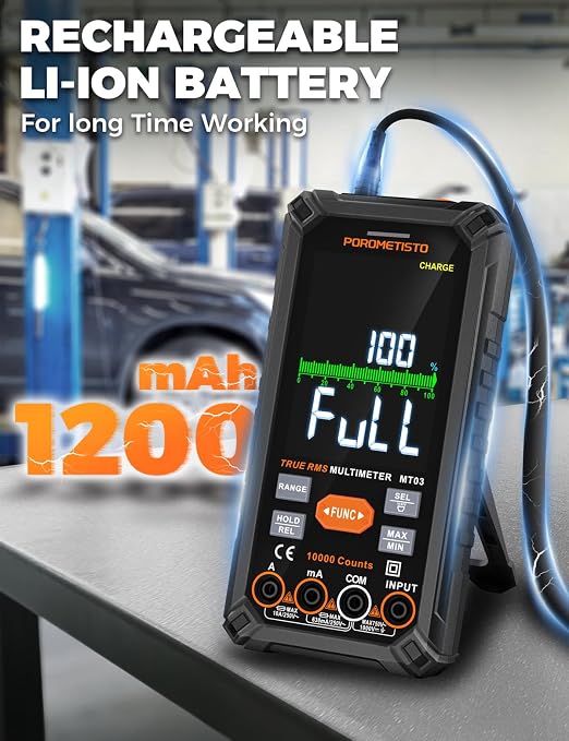 Digital Multimeter Tester 10000 Counts, Smart Multimeter Rechargeable, Auto-Ranging Voltmeter for Measuring Voltage and so on, Dual Fuse Overload Protection, Foldable Stand, Smart Input Jack Warning