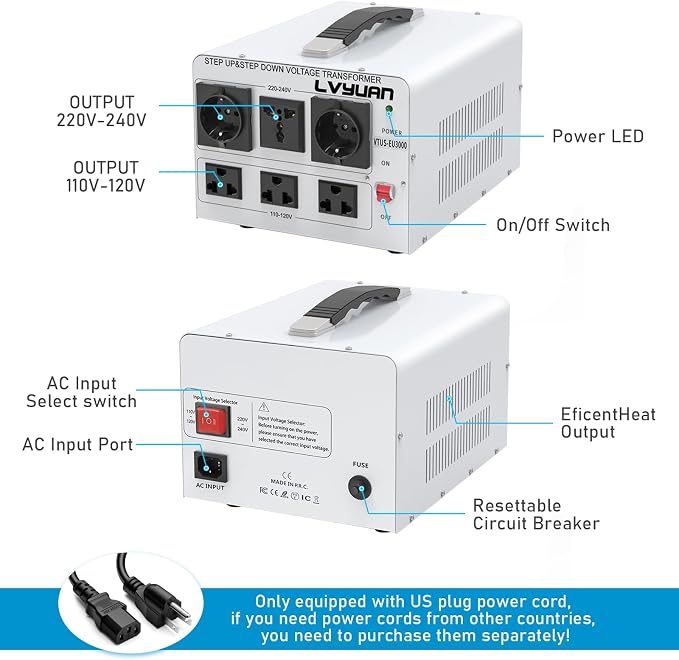 LVYUAN 3000W Watt Voltage Transformer Converter Step Up/Down Converter 110/120 Volt - 220/240 Volt with 3 US&2 EU&1 Universal Outlet and CE Certified,Circuit Break Protection