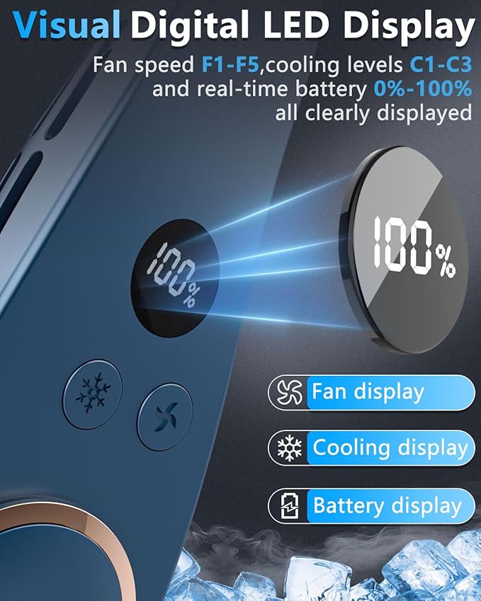 Neck Fan with Cooling Plate,Powerful Cooling 5500mAh 24H Long Battery,5 Speeds Portable AC Cooler Function,LED Display USB Hands Free Bladeless Wearable for Men Women Kids Office Home Travel Azure