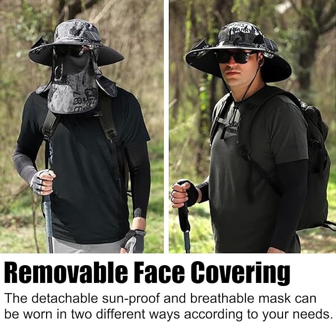 Vingtank Solar Fan Hat, Wide Brim Solar Fan Outdoor Fishing Hat with Removable Neck Flap and Face Cover for Fishing, Hiking, Camping Grey
