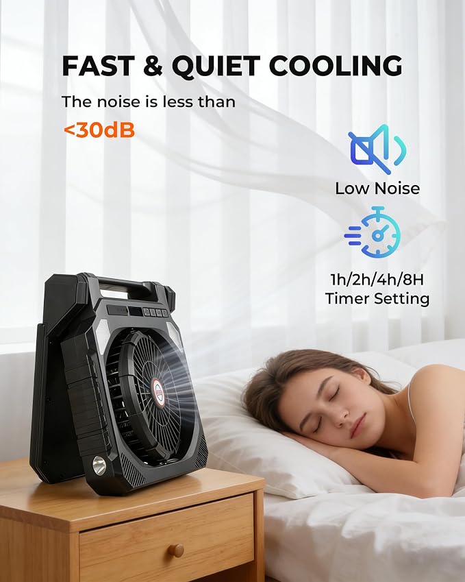 22000mAh Camping Solar Fan, 10" Dual-Panel Rechargeable Solar Powered Fan with LED Light and Arc Flashlight, LED Digital Display, 180° Swivel Oscillating, Portable Table Fans for Picnic, Barbecue