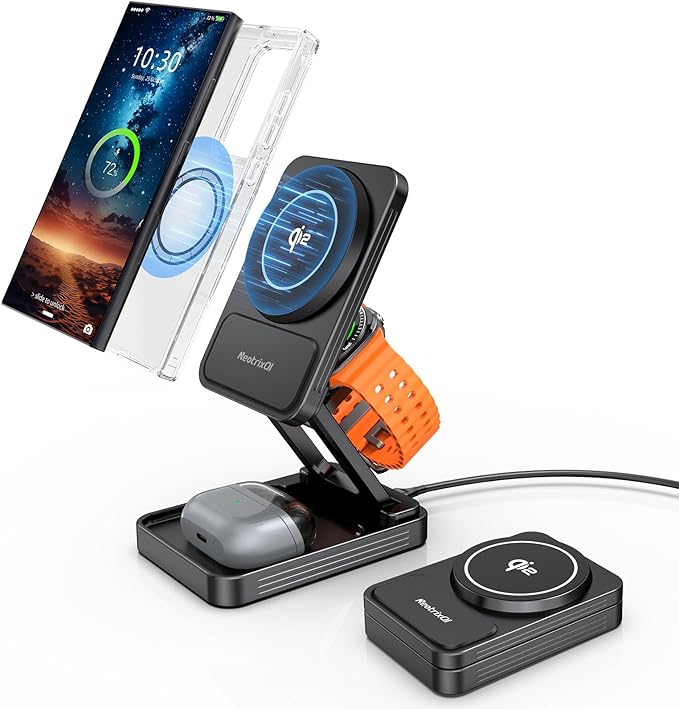 Magnetic Wireless Charger for Samsung, 3 in 1 Aluminum Alloy Charging Station for Samsung Galaxy S26 Ultra/Z Fold7/Flip7/Buds4, Qi2 Foldable Travel Watch Charger for Galaxy Watch Ultra/8/7
