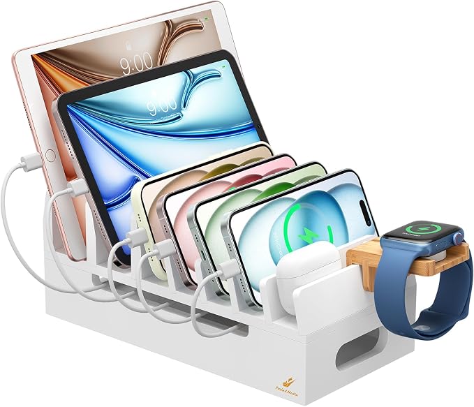 Bamboo Charging Station with Watch Stand, Docking Holder for Multi Device with 5 Charge Cables, Desktop Dock Stations Electronic Organizer for Cellphone, Tablet, Watch(No USB Charger)-White