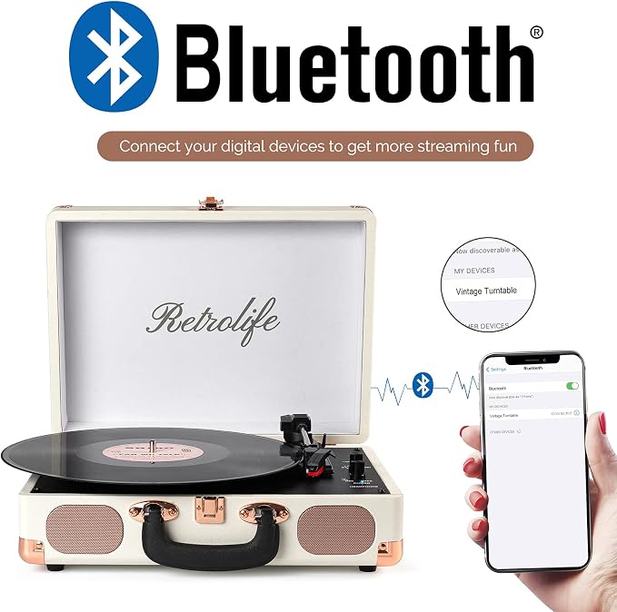 Turntable Vinyl Record Player 3-Speed Suitcase Portable Belt-Driven Record Player with Built-in Speakers RCA Line Out AUX in Headphone Jack Vintage White