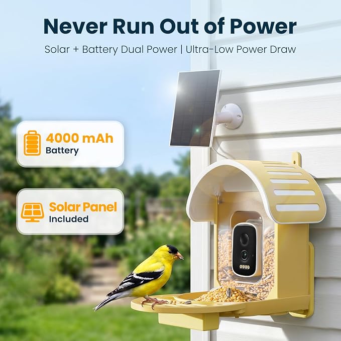 Smart Bird Feeder with Camera, 2.5K UHD Bird Camera AI Identifies 11,000+ Bird's Species, Real-time Bird's Videos & Pictures, Solar Powered Feeder Wireless for Outdoor, Ideal Gift for Dad, Yellow