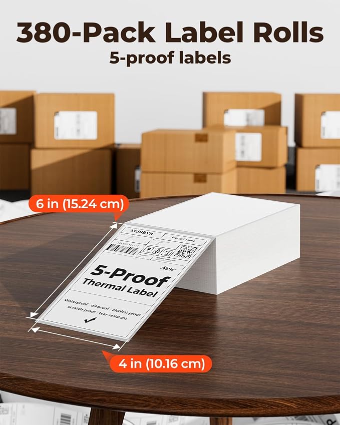 MUNBYN 130B Bluetooth Thermal Label Printer+4"x6" Direct Thermal Labels