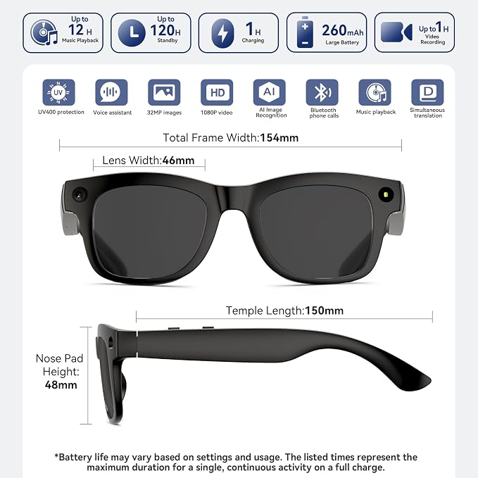 AI Smart Glasses with HD Camera, BT Call, 8MP Anti-Shake Camera Glasses with 1080P Video Recording Dual Mic, Simultaneous Interpretation/GPT Identify Objects, Black Lens