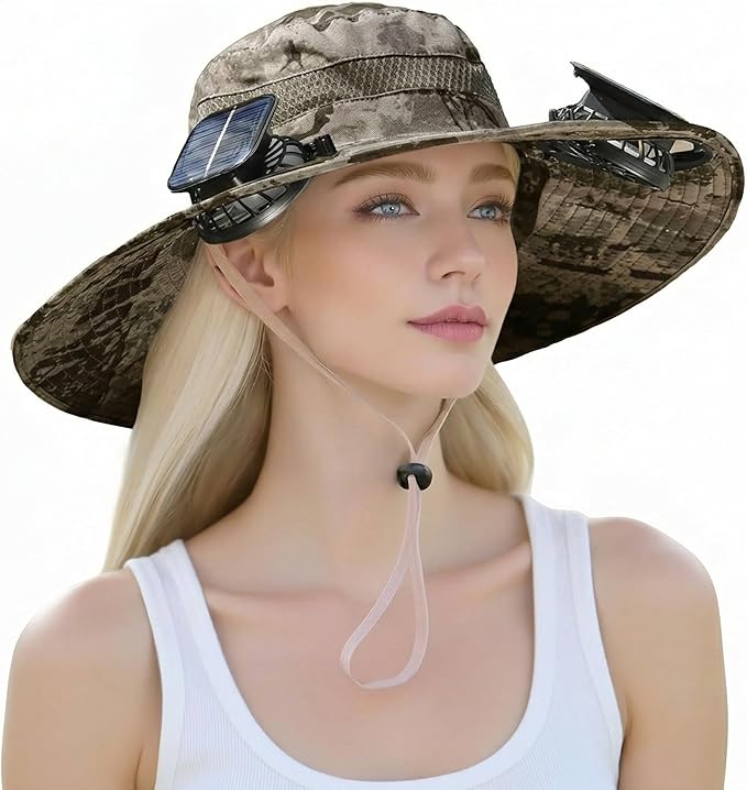 Outdoor Wide Brim Sun Hat with 2 Solar Powered Fan, Bucket Hat for Men Women, Fishing, Gardening & Beach Hat for Men