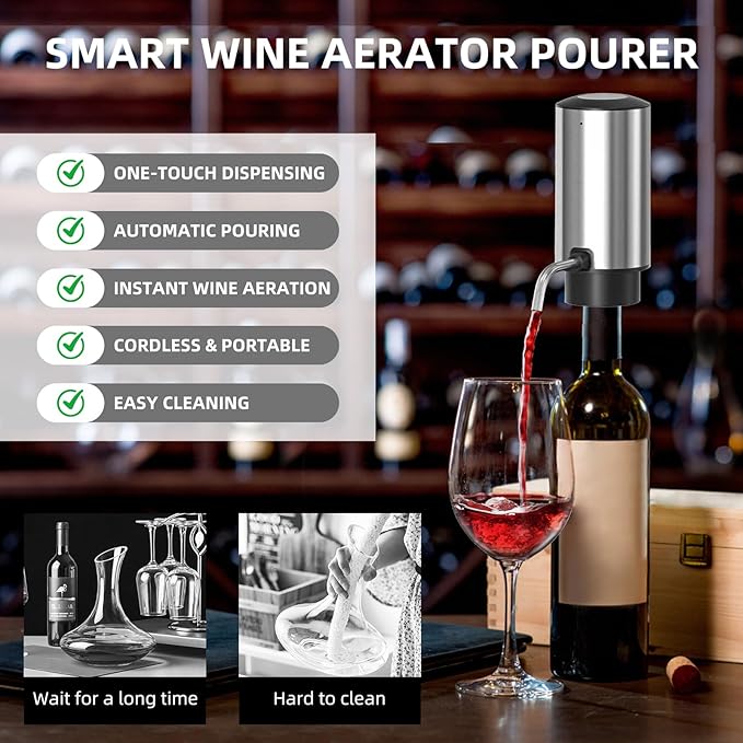Wine Gifts-Electric Wine Opener and Aerator Set- Rechargeable Wine Dispenser Pourer, Wine Bottle Opener with Led Light, Foil Cutter, Vacuum Stoppers,Silver Set