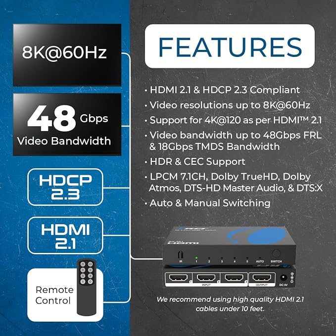 OREI 8K HDMI Switch 5 in 1 Out – HDMI 2.1 Switcher 4K 120Hz, 48Gbps 8K@60Hz, 5 Port HDMI Switch with Remote, HDR10+, VRR, ALLM, QFT, CEC for PS5 Xbox Roku Fire TV