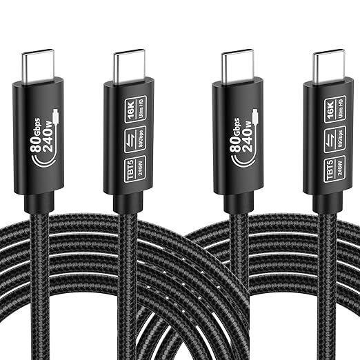 2-Pack Thunderbolt 5 Cable, 3.3 FT USB C to USB C Cable, PD3.1 240W Charging, 80Gbps Data Transfer, Up to 120Gbps Bandwidth, 16K/8K Displays, for iPhone 16, iPad Pro, Samsung,MacBook,Hub,eGPU,Dock