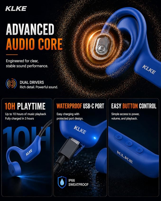 Open-Ear Bone Conduction Headphones for Running, Bluetooth Sports Headphones with Rear Safety Light, Dual Modes, Adjustable Fit, IP66 Waterproof, Mic, 10H Playtime for Gym Cycling