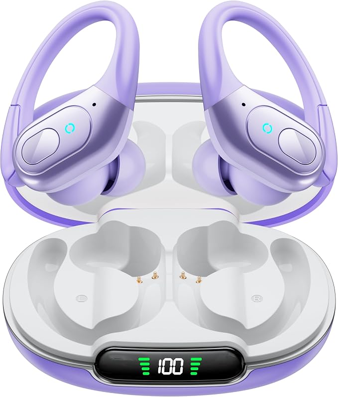 occiam Active Noise Cancelling Earbuds Wireless Bluetooth Headphones Ear Buds 90Hrs Playback Stereo Bass Earphones with Mic Over-Ear Hooks IPX7 Waterproof Headset for Work Sports (Purple)