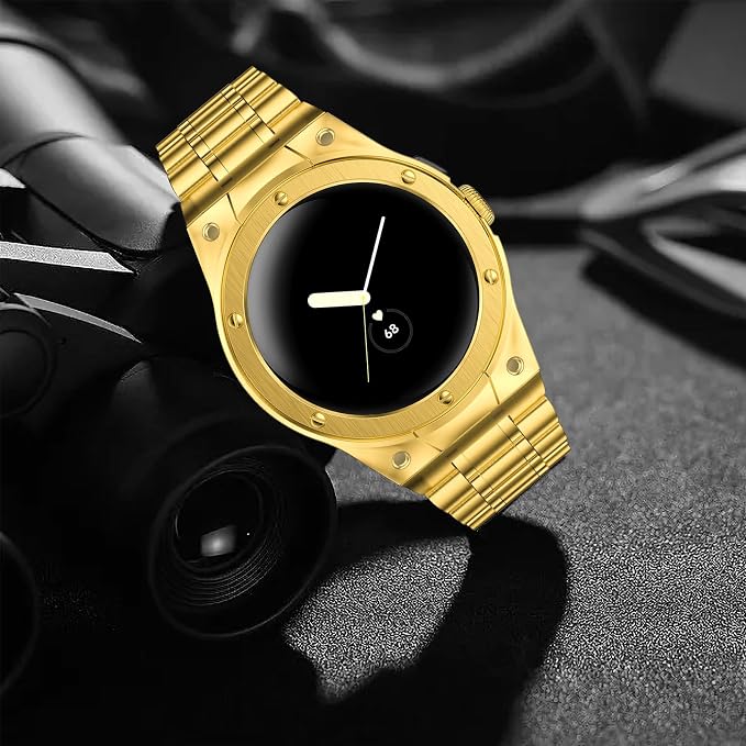SUPLINK Stainless Steel Case and Bands Compatible with Google Pixel Watch 3 45mm, Protective Rugged Case Adjustable Replacement Strap for Men, Metal Band for Google Pixel Watch 3 - Gold