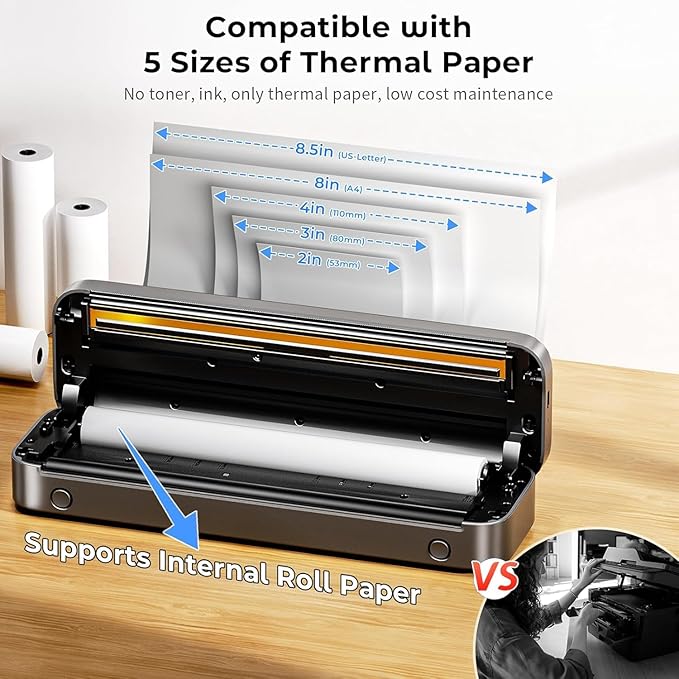 Wireless Inkless Thermal Printer, Bluetooth Mobile Printer for Phone & Laptop, Portable Travel Printer with 300 dpi, Supports US Letter Thermal Paper, Compatible with Mac/Windows