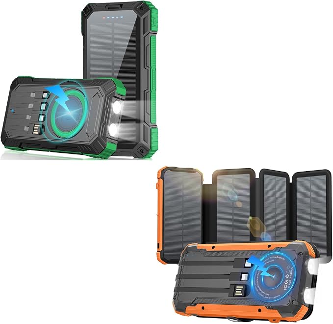 Solar Power Bank 49800mAh 22.5W QC3.0 Fast Charging Built in 4 Cables andNymzixt Solar Power Bank 20000mAh Portable Charger Built-in 3 Cables and Wireless Charging