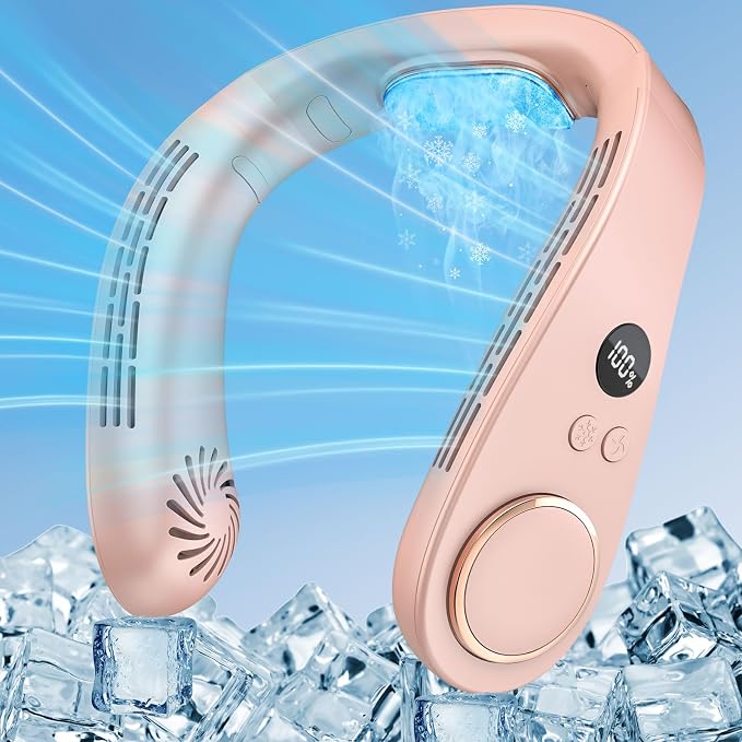 Neck Fan that Blows Cold Air with Cooling Plate, Rechargeable Battery Powered, Portable Silent Mini Neck Air Conditioner, Cordless Leafless Quiet Face Fans for Kid Adults Travel Work Sports, Pink
