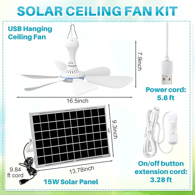 Tujoe 1 Set Solar Powered Ceiling Fan Kit for Outdoor,Portable 15W Solar Panel Powered USB Small Hanging Fan,Dual Charging Modes,for Chicken Coop, Tent,Greenhouse, Shed, Gazebo