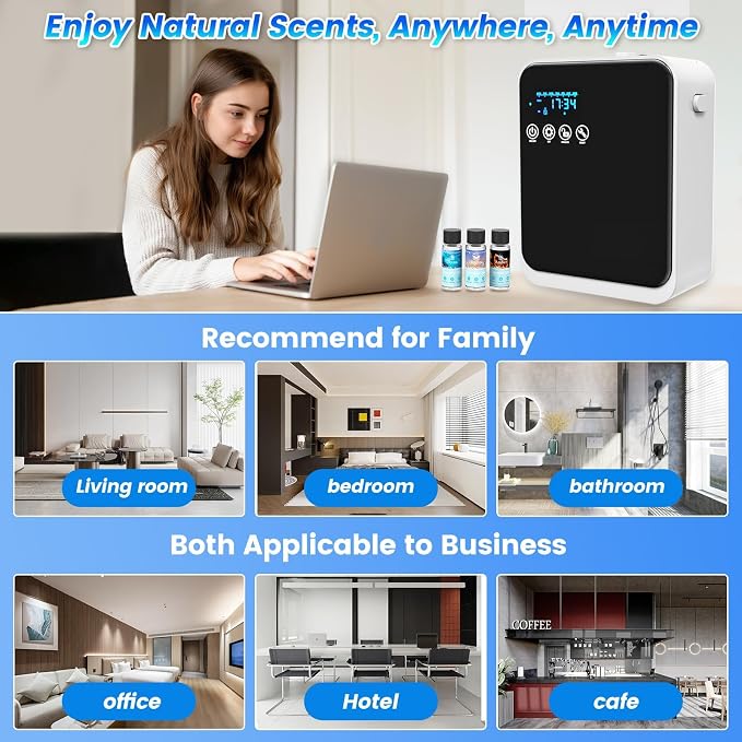 Waterless Essential Oil Diffuser,Hotel Home Aromatherapy Scent Diffuser with APP Control & Touch Screen,Auto Timer,250ml,Cover 1500 sq.ft|Whole House,Large Room Air Freshener for Home,Office,Classroom