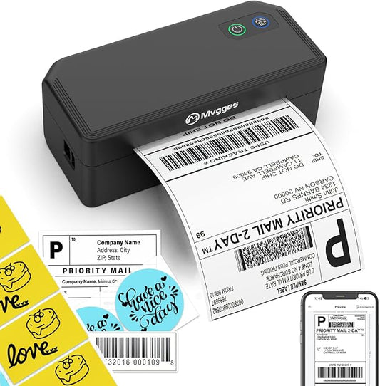 Mvgges Shipping Label Printer,Bluetooth 4x6 Thermal Label Printer for Small Business Office or Home, Compatible with Android, iOS, Windows and Mac, Widely Used for Amazon,USPS,Etsy