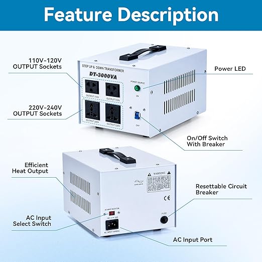 3000W Step Up/Down Voltage Transformer, 110V/120V & 220V/240V Power Converter, 4 Outlets Toroidal Regulator, Overload Overheat Protection for Home, Travel and Global Household Devices
