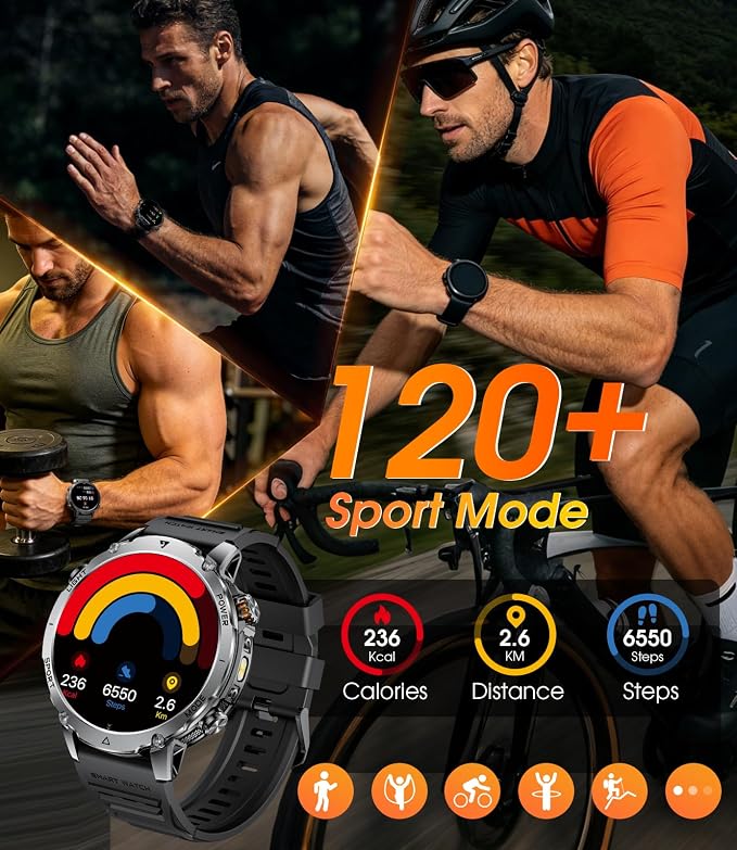 LIGE Military Smart Watch for Men, 1400mAh 60-Days Battery, 1.85" HD Smartwatch with LED Flashlight, 100+ Sports Mode, IP68 Waterproof, Pedometer, Fitness Watch for Android iOS