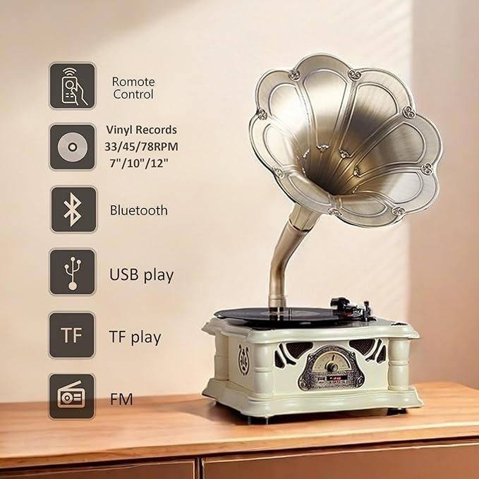 Gramophone Record Player Vintage,Retro Phonograph Vinyl Record Player,Horn Vinyl Tocadiscos DJ Turntable,Decorative Gramophone Speaker with USB Audio for Home/Villas/Restaurants/Parties/Classical Fans